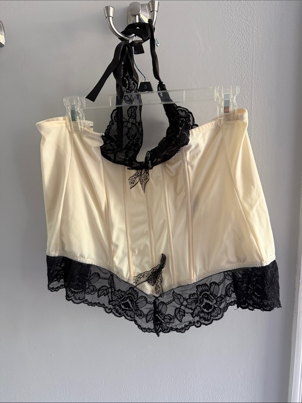 Ivory Halter Lace Bustier with Black Trim - Elegant Shaping Top